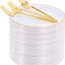 Rubtlamp 200Pcs Gold Plastic Dessert Plates,White Appetizer Platos with Gold Disposable Forks, Fancy Small Dessert/Cake Plates Include 100pcs 7.5" Salad Platos, 100pcs 7.6" Plastic Forks for Party