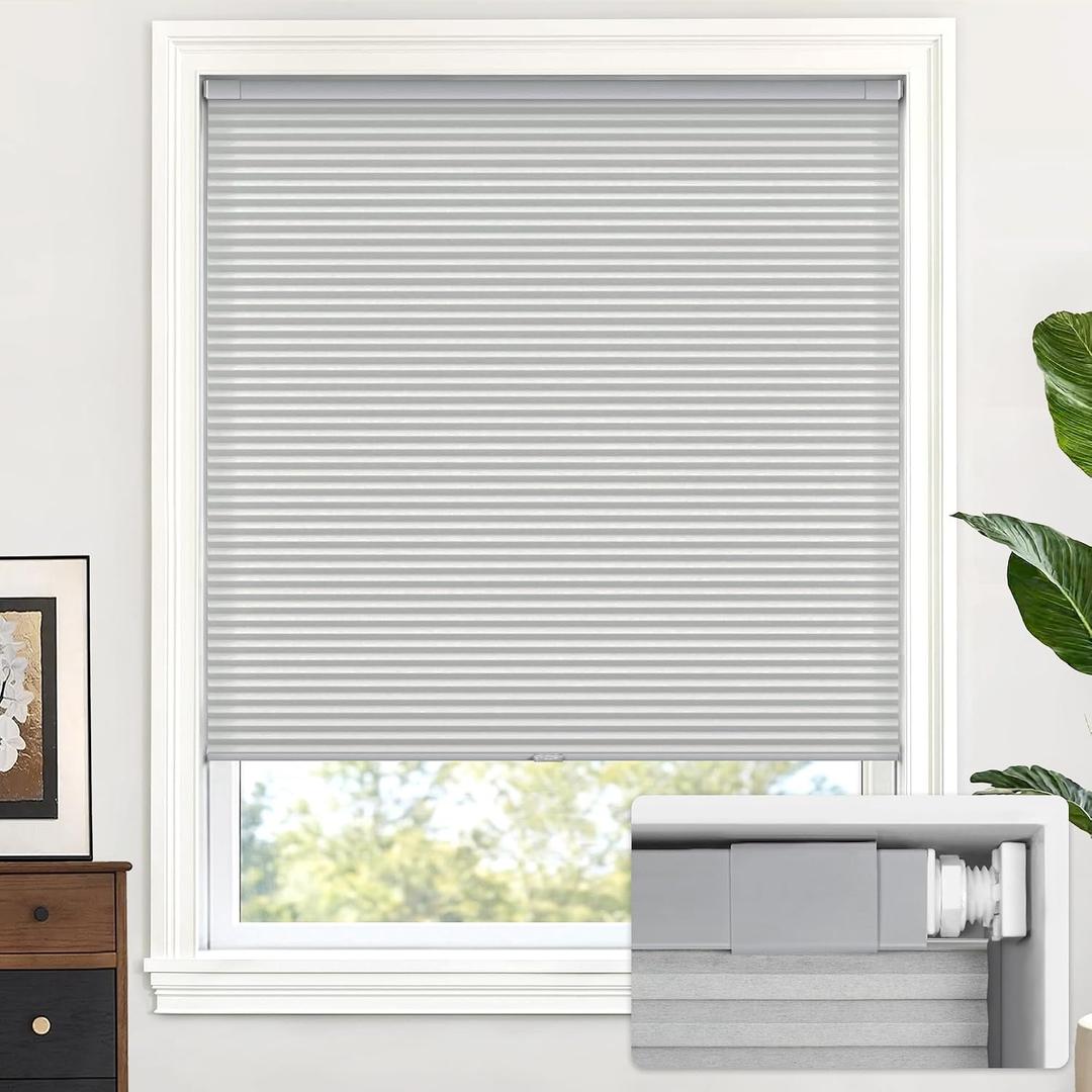 LazBlinds Cordless Cellular Shades, No Tools No Drill Light Filtering Honeycomb Shades Pleated Blinds for Windows, 32'' W x 64'' H, Light Grey