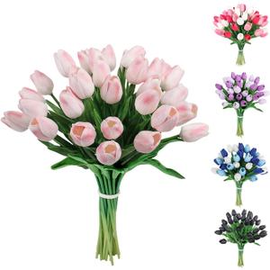 30pcs Pink Tulips Artificial Flowers Fake Latex Tulip Stems - Real Touch Faux Gradual Pink Tulips Flower for Easter Spring Wedding Bouquet Centerpiece Floral Arrangement Wedding Cemetery Table Decor
