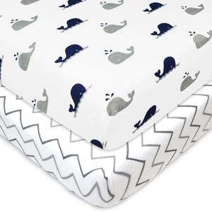 American Baby Company 2 Pack 100% Natural Cotton Fitted Pack and Play Sheets 39" x 27" - Soft & Breathable Pack N Play Sheets for Playard & Mini Crib Mattress, Navy Whale/Grey Zigzag, for Boys & Girls