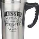 Christian Art Gifts Stainless Steel Travel Mug Double-Wall Vacuum Insulated Coffee Cup with Lid and Handle 16 oz BPA-free Lead-free Eco-Friendly Mug - Blessed Is The Man - Psalm 84:5