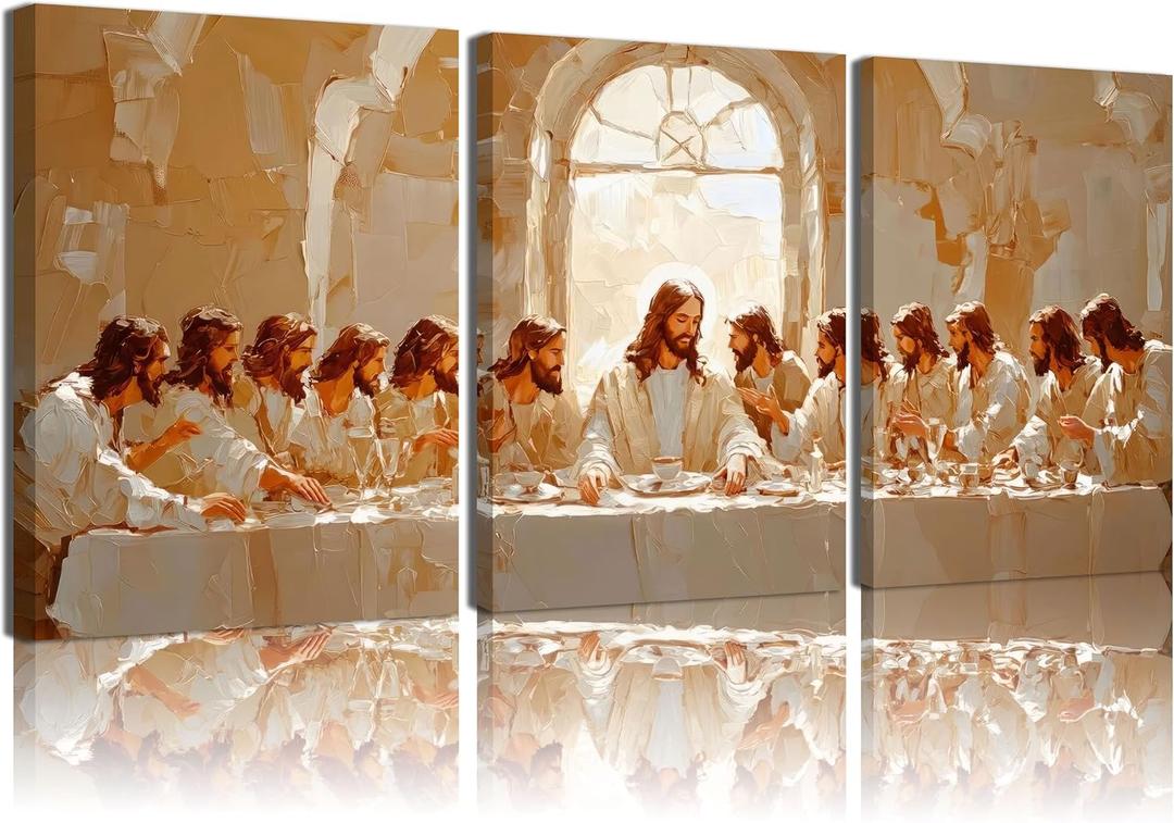 3Pcs The Last Supper Wall Art Jesus Christian Wall Decor Christian Twelve Apostle Canvas Pictures Religious Bible Renaissance Posters Prints Painting For Living Room Dining Room 12x16 inch Framed