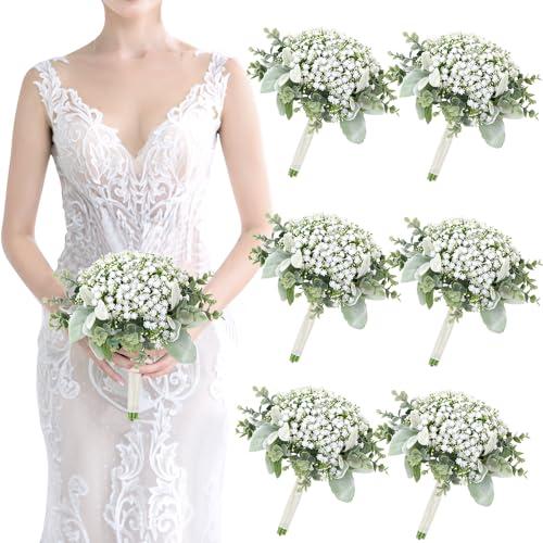 Wedding Artificial Bridesmaids Bouquets Set of 6- Faux Babys Breath White Fake Gypsophila Bouquet for Bridesmaid, Real Touch Small Bouquet for Bridesmaids Wedding Bridal Shower Centerpieces - 7 Inch