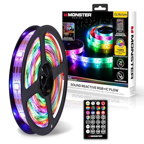 Amazon.com: Monster 13.1ft Color Flow Multi-Color LED Light Strip, Indoor, Fun Flash Mode, Remote Control, Dimmable, Self Adhesive, Timer, 120 RGB+IC LEDs, USB Powered, Multi-White, Sound Reactive : Tools & Home Improvement