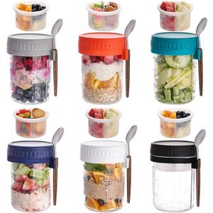 6 Pack Overnight Oats Containers with Lids and Spoons, 16 OZ Glass Mason Jars with Removable Separate Compartments, Airtight Leak Proof Oatmeal Container for Chia Pudding, Yogurt, Breakfast, Cereal