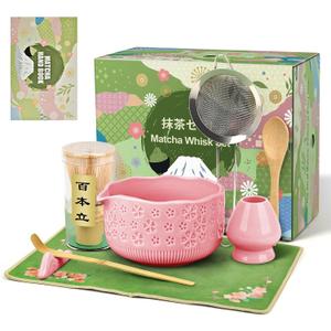 Matcha Whisk Set, 7 Pcs Matcha Making Kit with Matcha Bowl, Matcha Whisk and Holder, Bamboo Scoop, Scoop Rest, Sifter and Tea TowelGifts for Christmas Birthday (Pink)