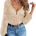 SweatyRocks Women's Lace Long Sleeve Corset Bodysuit Tops Sheer Mesh V neck Jumpsuit (X-Large, Apricot)