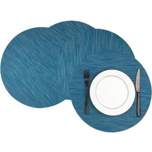 WAZAIGUR Round Placemats Set of 4 Woven Vinyl Easy to Clean Heat Resistant Kitchen Table Mats 15 Inch(Blue 4)