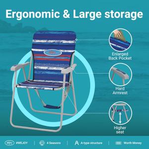 #WEJOY Folding Beach Chair for Adults, Lightweight Beach Chair with Shoulder Straps, High Back Camping Chairs with Hard Armrest, Supports 300lbs for Outdoor Lawn Concert, 1 Pack (Red Blue)