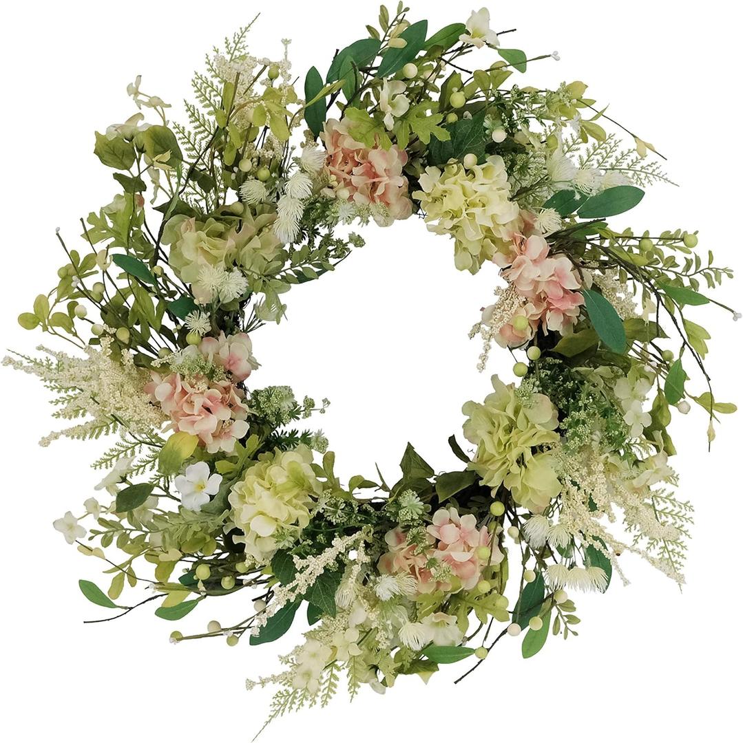 Puleo International 24" Artificial Hydrangea and Dogwood Floral Spring Door Wreath