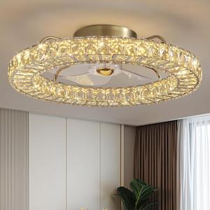 Flush Mount Ceiling Fan with Light, 22" Modern Crystal Chandelier Ceiling Fan with Smart 4-Light Color Change, Luxury LED Ceiling Fan, Low Profile Ceiling Fan for Bedroom (Gold)