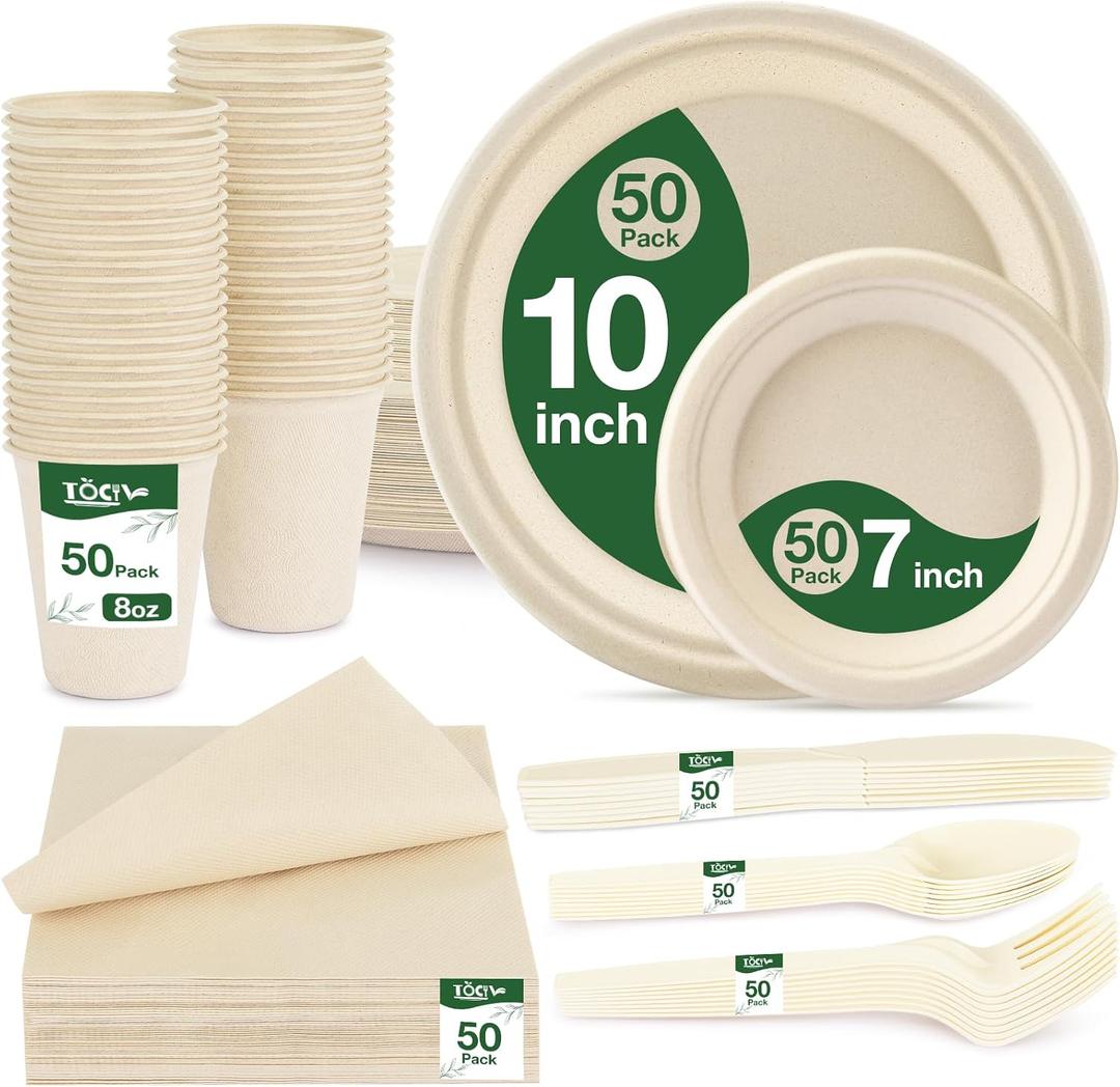 350PCS Disposable Paper Dinnerware Set for 50 Guests, Compostable 50 Dessert Plates, 50 9 inch Plates, 50 Cups, 50 Spoons, 50 Forks, 50 Knives and 50 Napkins, Perfect for Parties(White)