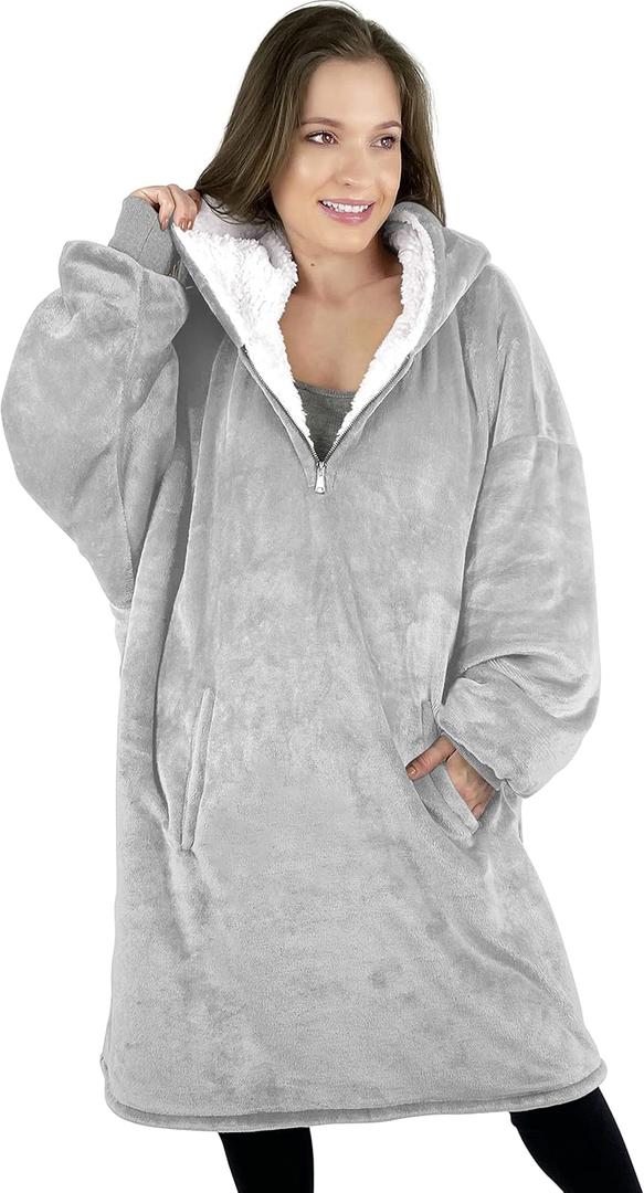 trekki Oversized Hoodie Blanket Sweatshirt, Wearable Blanket Hoodie Men Women with Zip, Comfy Fleece Hooded Blanket Adult (Silver Grey)