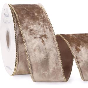 Ribbli Camel Crushed Velvet Wired Ribbon with Beaded Pearl Edge, 2-1/2 Inch 10-Yard for Gift Wrapping Christmas Tree Decoration Crafts Wreaths Supplies