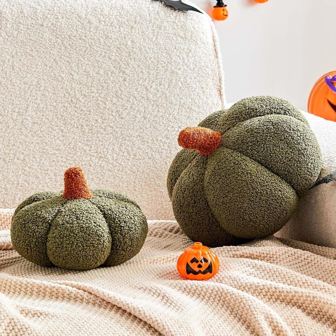 Halloween Pumpkin Pillows Set of 2, Dark Green Fall Throw Pillows, Cute Aesthetic Home Decor Pillows, Soft Fleece Sherpa Pumpkin Shaped Plush Cushion Sofa Couch Bedroom Autumn Thanksgiving