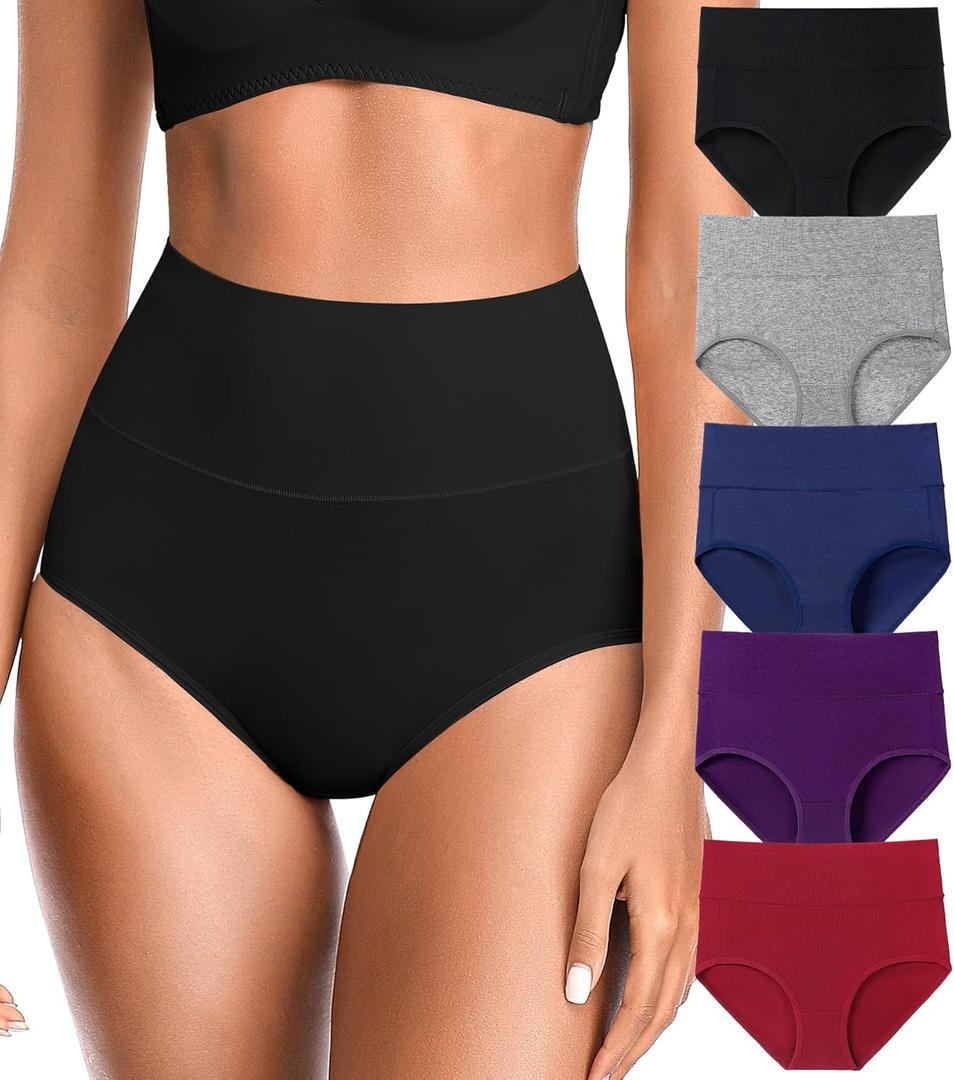 OLIKEME Womens High Waisted Underwear Tummy Control Cotton Full Coverage Ladies Panties Soft Stretch Briefs (XL)