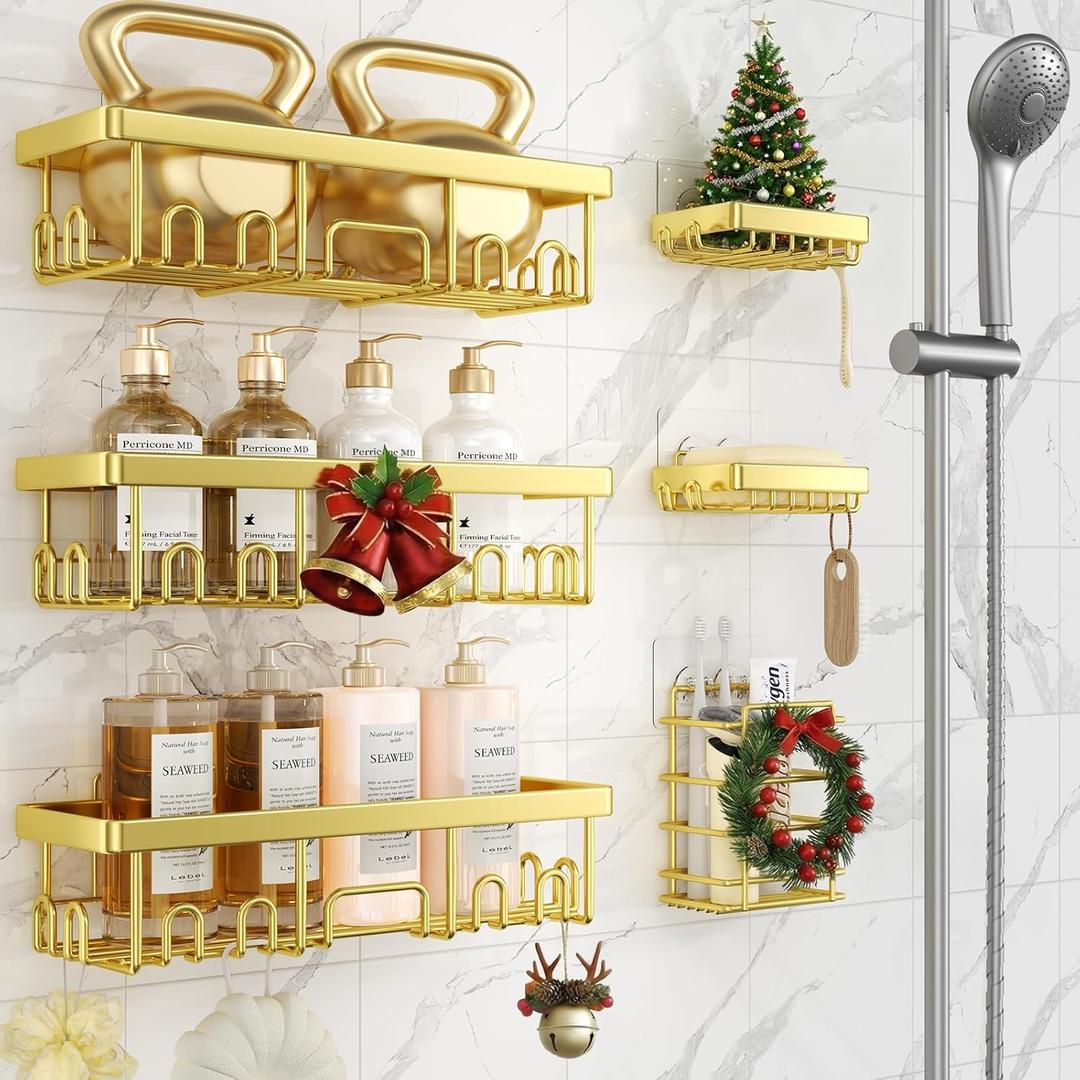 Veken Adhesive Shower Caddy 6-Pack,Gifts for Women Mom,Heavy Weight Bearing,Large Wall Mounted Bathroom Shelves Rack,Organizer Storage Accessories with Soap Dish&Toothbrush Holder,Bright Gold (6-Piece Set for Master Bathroom(Rustproof Upgrade))