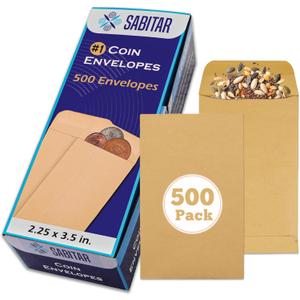 #1 Coin Envelopes Durable Kraft 2.25"x3.5", 500 Pcs Small Key Envelope with Gummed Flap, Seed Envelopes for Storing Seeds, Tip Envelope for Cash (Brown)