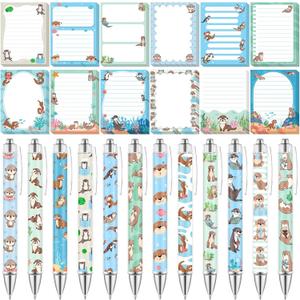 Dispowreath 24 Pcs Otter Sticky Notes with Pens Themed Gifts Self Adhesive Notepad Cute Memo Notes Pads Black Ink Ballpoint Pen for Otter Lover Gifts Office School Students Teacher Supplies