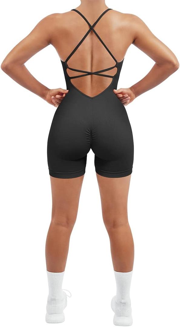 SUUKSESS Women Strappy Romper Seamless Jumpsuit Tummy Control Padded Sports Bra (Medium, 11 Black)