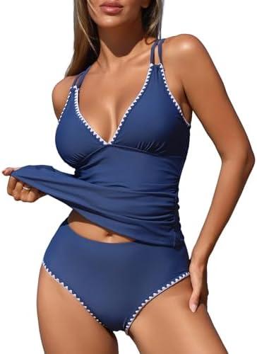 ZAFUL Womens Tankini Swimsuits V Neck Push Up Swim Top Color Block Tummy Control High Waisted Bathing Suits Swim Bottom, M