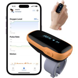 Vibeat Pulse Oximeter for 12 Hours Continuous Tracking, WearO2 Bluetooth Finger Oxygen Monitor, Notification of Low O2, Wearable Ring Blood Oxygen Meter, Free App & PDF Report
