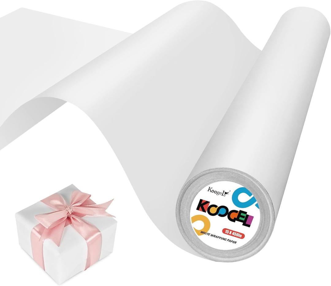 Koogel White Wrapping Paper Roll, 15" x 450"(38') Solid Color Gift Wrapping Paper for Packing Gift Wrap Parcel Wall Art Crafts Floor Covering