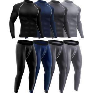 Hicarer 4/6 Set Men's Compression Shirts Pants Long Sleeve Base Layer Set Thermal Underwear for Men Running Gym Yoga Sports (XX-Large)