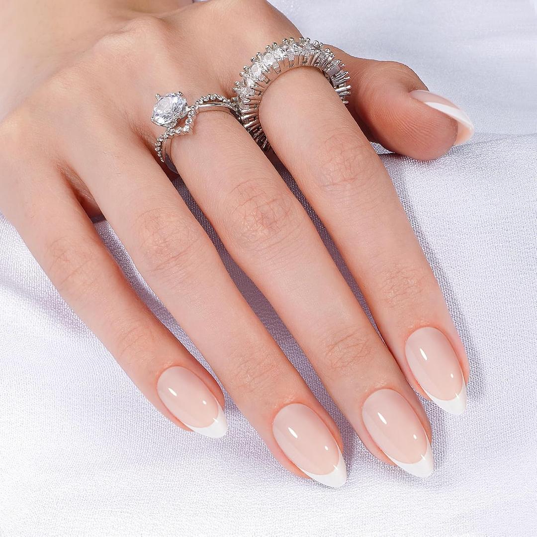 3 x Canvalite French Tip Press On Nails, 30Pcs Short Almond Press on Nails Reusable Acrylic Fake Nails with Glue & Glue Remover Easy to Use Manicure Kit for Women, White