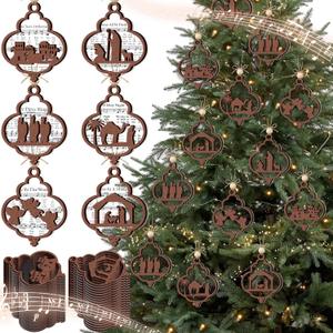 24 Pack 2025 Christmas Nativity Scene Wooden Ornaments Gift Bulk Christian Music Sheet Nativity Scene Hanging Xmas Tree Ornaments Religious Jesus Gift for Family Catholic Holiday Decor(Bulb Style)