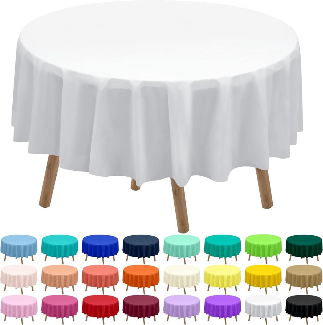 PARTY ULYJA White Plastic Tablecloths 2 Pack Disposable Table Covers 84 Inch Circle Bridal Shower Party Table covers PEVA Solid Table Cloths for BBQ Picnic Birthday Wedding Banquet Parties 6 ft Round Table Use