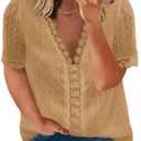 Eytino Plus Size Tops for Women 2026 Summer Short Sleeve V Neck Lace Crochet Chiffon Shirt Blouses,2X Khaki (Beige, XXL)