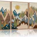 FWIEXA Large Mountain Woodcut Style Canvas Wall Art Set of 3, Sunrise Pine Tree Wall Decor, Forest Animal Painting, Farmhouse Nature Landscape Art, 24x36In Rustic Artwork for Living Room, Bedroom