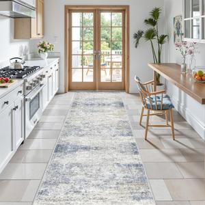 Kitchen Runner Rug Non Slip - 2.5 x 8 Runners for Hallways, Entryway, Bedroom, Washable Runner Rugs for Bathroom, Laundry Room, Low Pile Soft Vintage Area Rug(2.5'x8', Blue/Brown/Ivory)