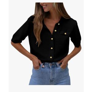 Cokulo Women's Summer Button Down Shirts Casual Short Sleeve Crew Neck Ribbed Knit Blouse Top Cardigans, M