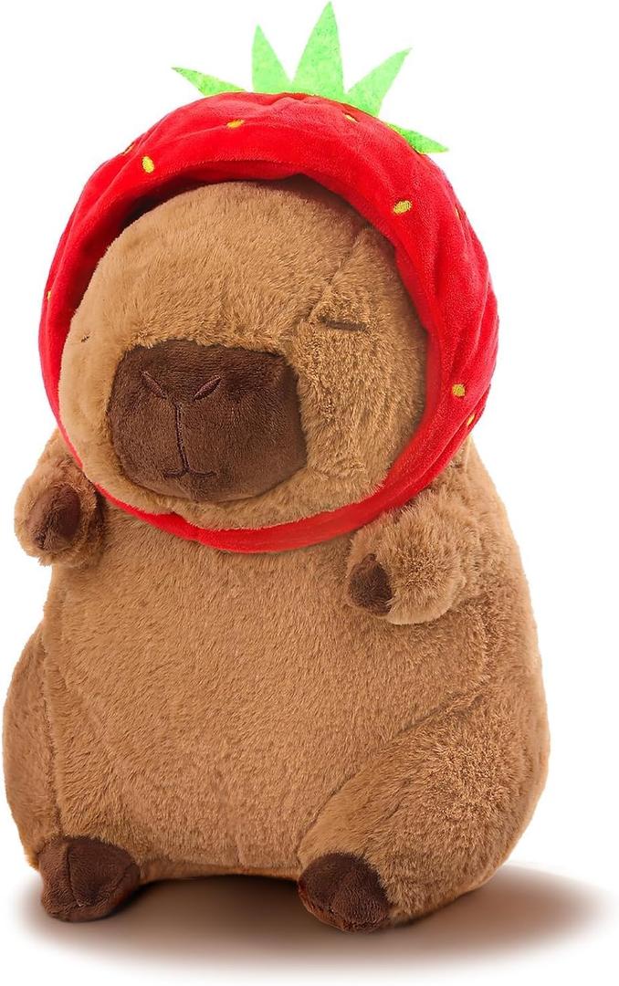 Capibara Plush Cute Capibara Stuffed Animal Kawaii Plush with Strawberry Hat Capibara Gifts Cute Plush Pillow Soft Toy Gifts for Kids Boys Girls 12 Inch