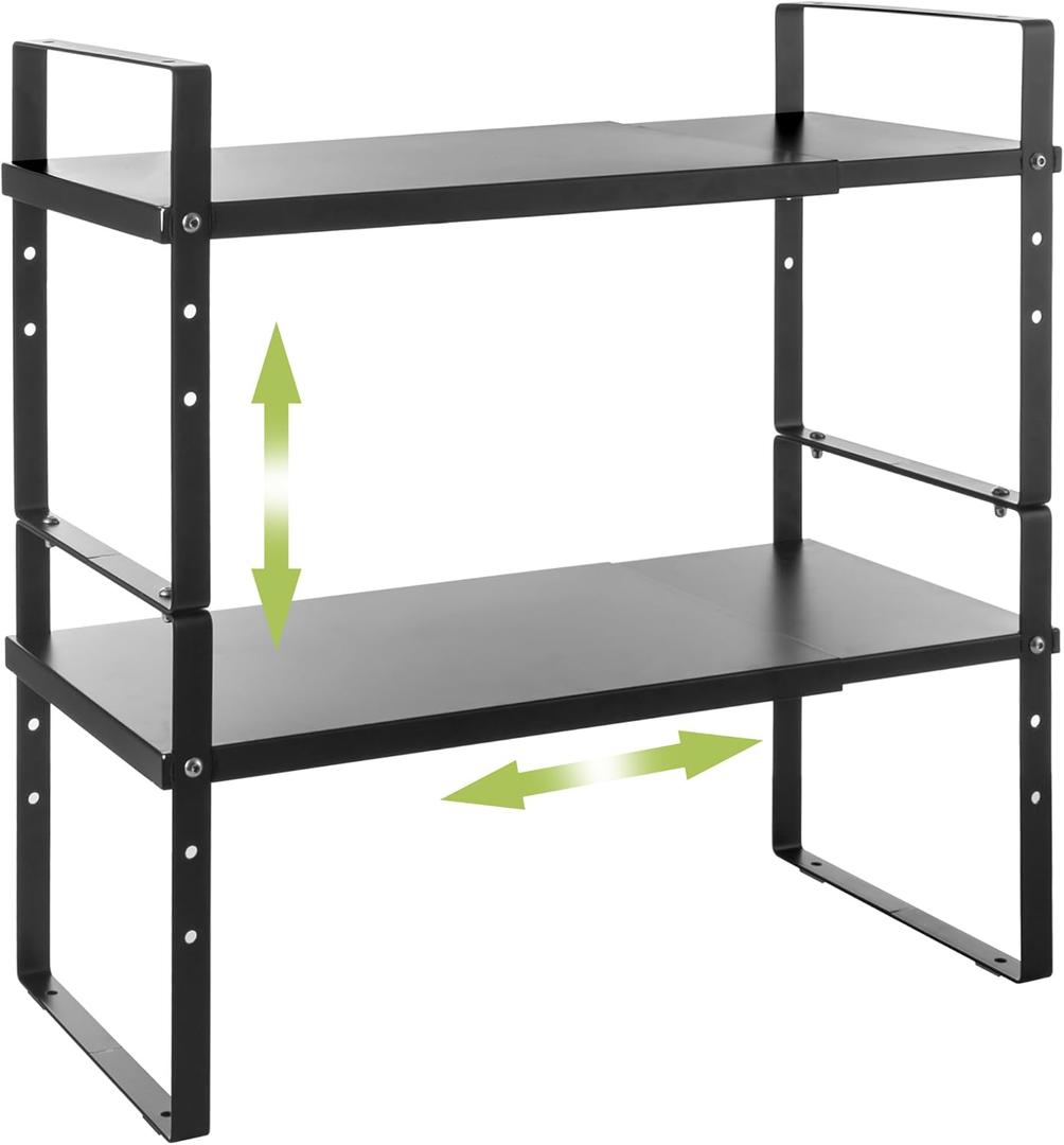 Across-Star Expandable Cabinet Shelf Organizer Rack, Stackable Kitchen Counter Storage Shelves Stand, Adjustable Height Pantry Shelf Spice Rack (Black, 2 Pack) (7.87''D*13-20''W*8.27''H)