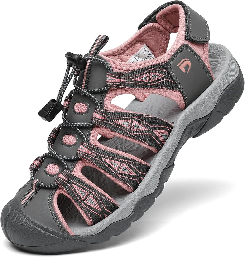 Dannto Women's Sport Hiking Sandals Closed Toe Outdoor Athletic Walking Sandal Lightweight Summer Water Shoes (7, Grey Pink)