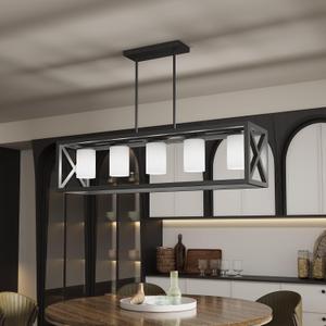 Black White Dining Room Light Fixture - 5 Light Rectangle Light Fixtures with Milk White Glass Shade & Adjustable Height & Thickened Metal Dining Table Lights Fixture Chandeliers for Dining, Room