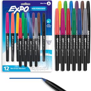 EXPO Wet Erase Markers, Semi-Permanent, Assorted Colors, Ultra Fine Tip, 12 Count - For Writing on Glass, Whiteboards, Mirrors, Calendar, Labeling, Organizing