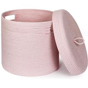 Storage Basket with Lid, Woven Blanket Storage for Living Room, Soft Cotton Rope Bin with Lid, Round Wicker Laundry Basket with Cover, Lidded Kid Dog Toy Box, Nursery Organizer, 15"x13", Pink, Large