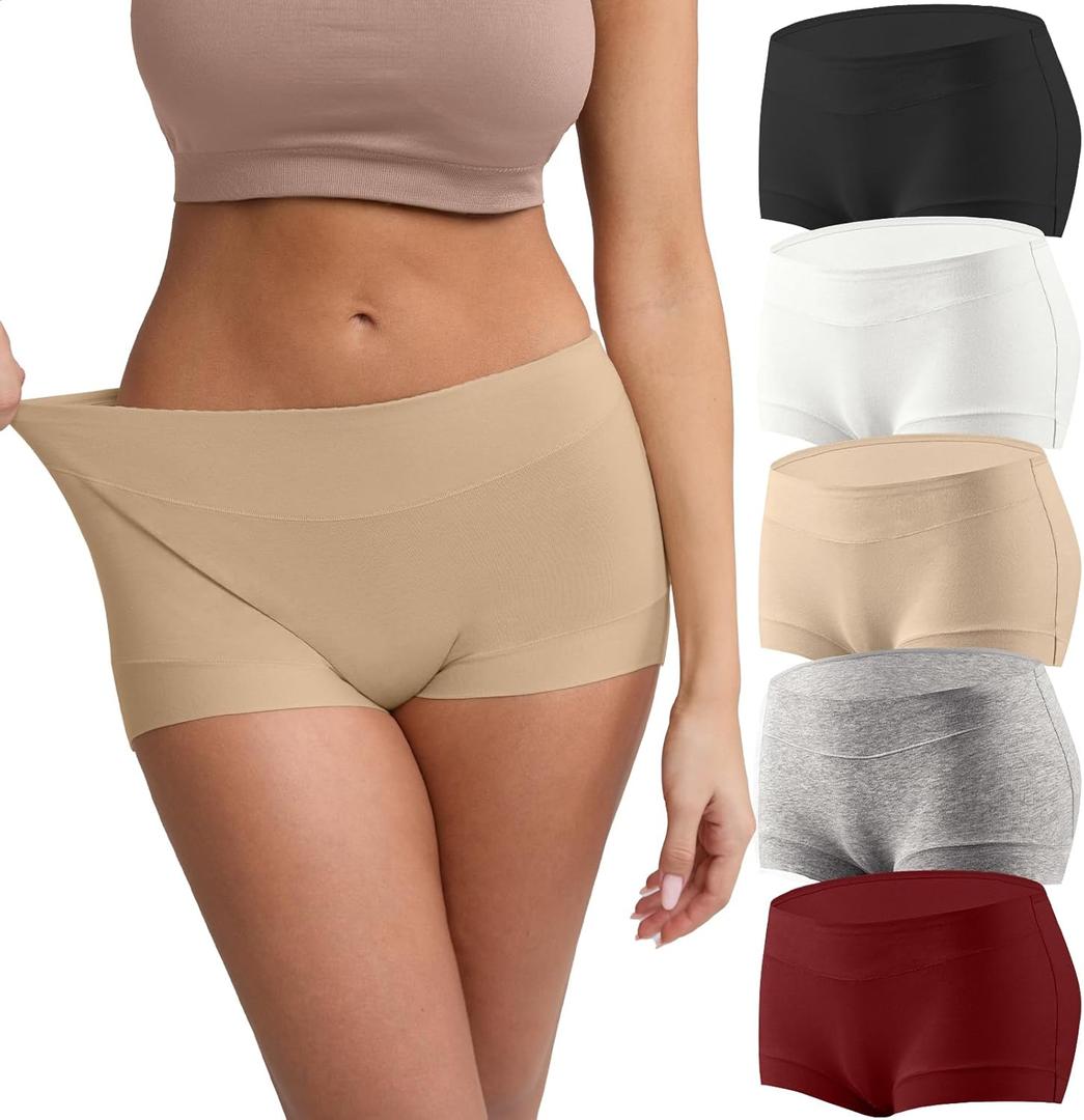 Women's Cotton Boyshorts Underwear 5-Pack Mid Rise Full Coverage Soft No-Roll Briefs (S-XXL)