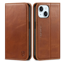 SHIELDON Case for iPhone 15 2023, Genuine Leather Wallet Book Case Magnetic RFID Blocking Credit Card Holder Kickstand Shock Absorbing Cover Compatible with iPhone 15 6.1" - Retro Brown