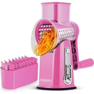 SUSTEAS Rotary Cheese Grater with Handle - Vegetable Shredder with 5 Well-designed Blades & Strong Suction Base,Round Mandoline Slicer & Food Chopper for Kitchen,with Blade Storage Box(Pink)