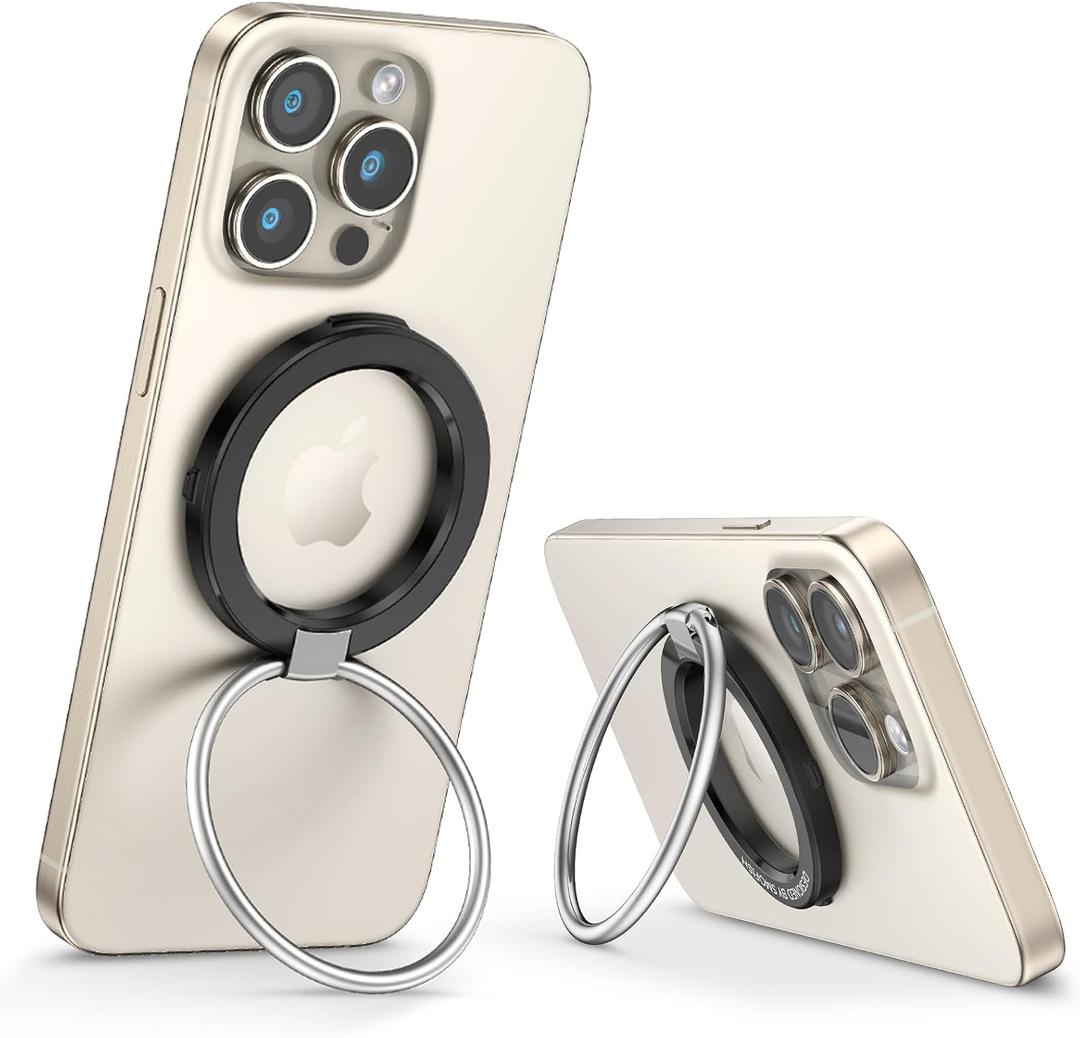 Magnetic Cell Phone Ring Holder Stand - 180 Rotating Finger Ring Kickstand, Premium Polished Metal Grip, Compatible with Magnetic Car Mounts. Ideal for iPhone 15/14-Must-Have Phone Accessory (Black)