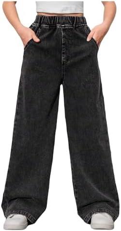 GORGLITTER Girl's High Elastic Wasited Jeans Baggy Wide Leg Denim Pants Cute Straight Y2K Loose Fit Denim Trousers Streetwear, 9Y