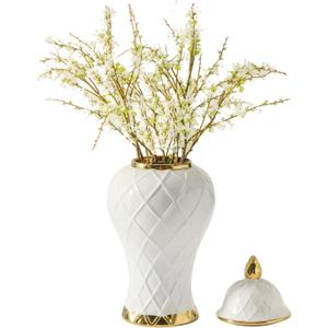 Ginger Jars for Home Decor, White and Gold Vase, Decorative Ceramic Ginger jar with lid, Porcelain Flower Vase for Centerpieces Jarrones, Storage jar, Table Center Vase, Temple Jar(18in)
