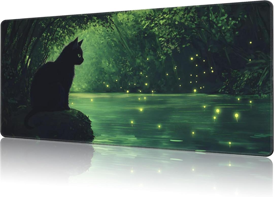Large Mouse Pad Black Cat Extended Gaming Keyboard Desk Mat Non-Slip Rubber with Stitched Edge Desk Pad Suitable for Office Home Desktop Decoration (35.4 x 15.7 Inches)