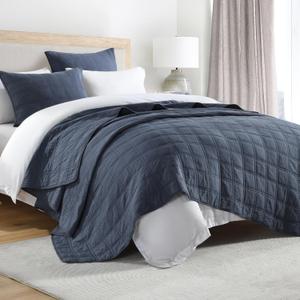 HORIMOTE HOME 100% Cotton Quilt Set Queen Size, Denim Blue Pre-Washed Bedspreads Coverlet Set in Geometric Pattern, Cozy Lightweight Stitching Decorative Bedding Cover with 2 Shams for All Season