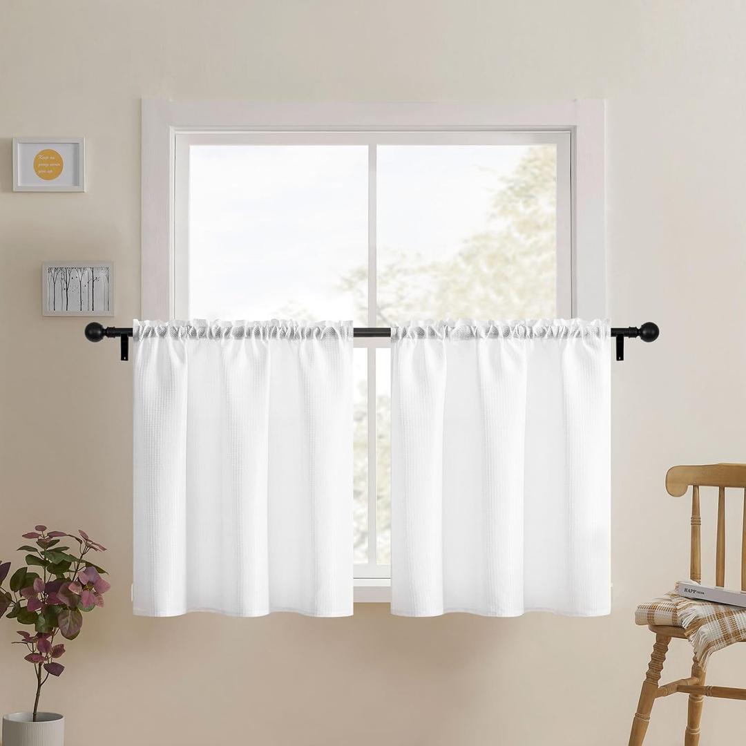 Home Queen White Waffle Bathroom Window Curtains, Water Repellent Rod Pocket Kitchen Drapes for Small Window, 2 Panels, 24 W X 24 L Inch Each